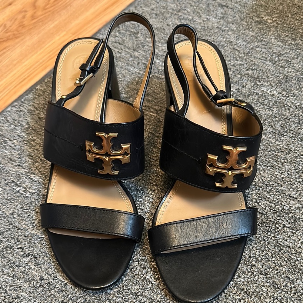 Tory Burch Black Sandals with Gold Logo